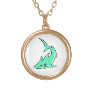 cartoon smiling shark mint blue green ocean animal gold plated necklace