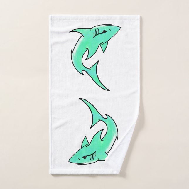 cartoon smiling shark mint blue green ocean animal hand towel  (Hand Towel)