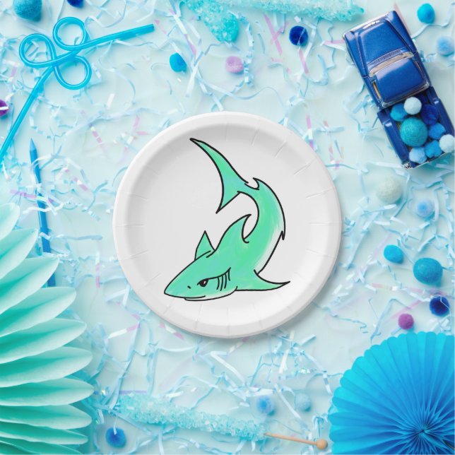 cartoon smiling shark mint blue green ocean animal paper plates (Party)