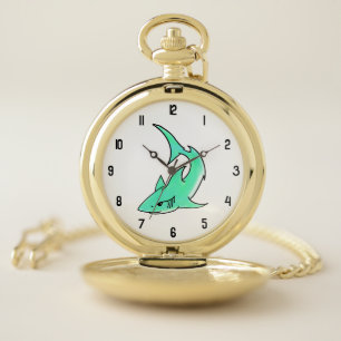 cartoon smiling shark mint blue green ocean animal pocket watch