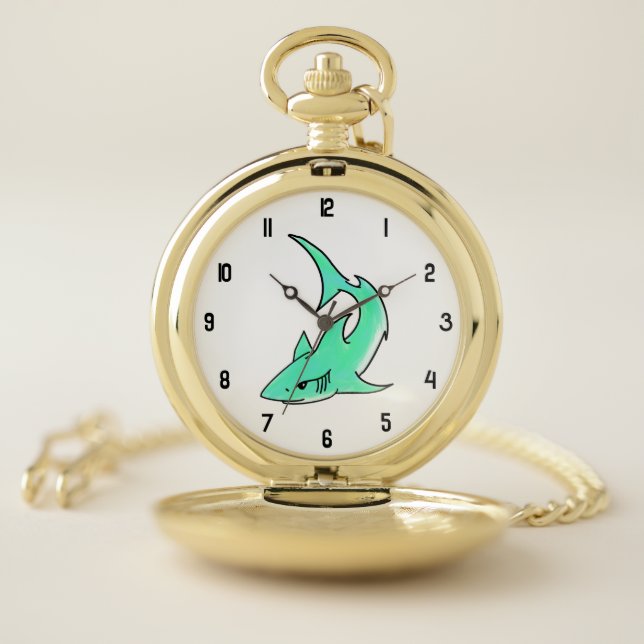 cartoon smiling shark mint blue green ocean animal pocket watch (Inside)