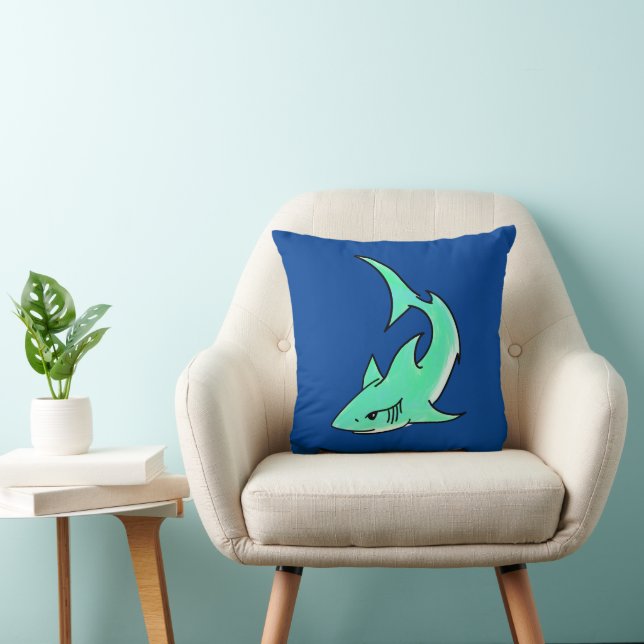 cartoon smiling shark mint blue green ocean animal throw pillow (Chair)