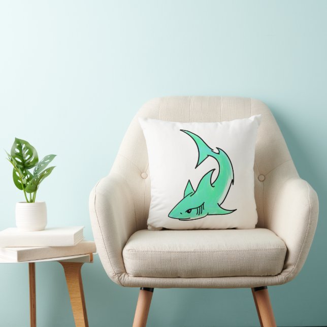 cartoon smiling shark mint blue green ocean animal throw pillow (Chair)
