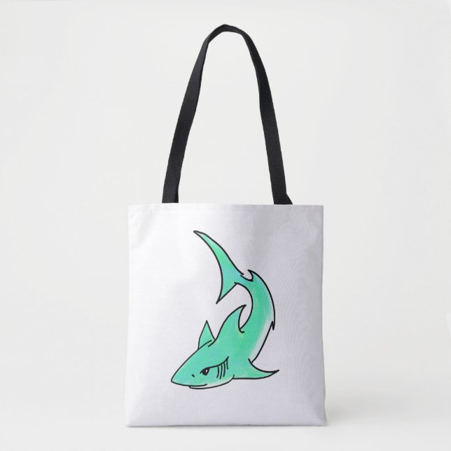 cartoon smiling shark mint blue green ocean animal tote bag (Front)