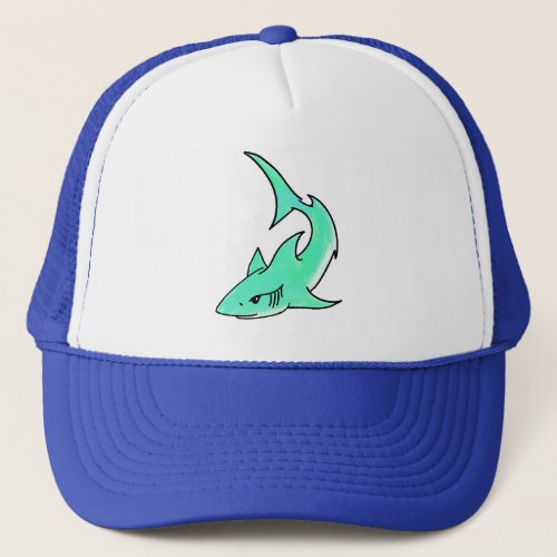 cartoon smiling shark mint blue green ocean animal trucker hat