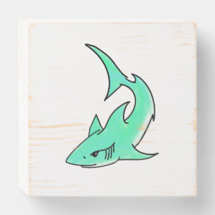 cartoon smiling shark mint blue green ocean animal wooden box sign