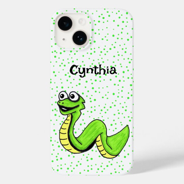 Cartoon Smiling Vibrant Green Snake on Polka Dots Case-Mate iPhone Case (Back)