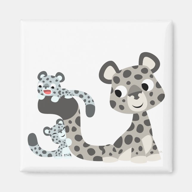 Cartoon Snow Leopard and Cubs Magnet (Front)