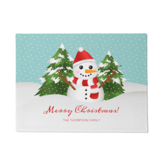 Cartoon Snowman &amp; Custom Family Name Christmas Doormat