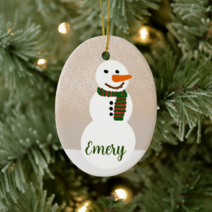 Cartoon Snowman (Customizable Name) Ceramic Ornament