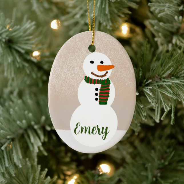Cartoon Snowman (Customizable Name) Ceramic Ornament (Tree)