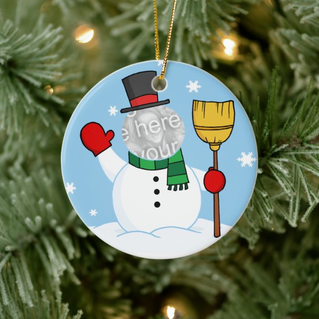 Cartoon Snowman Face Photo Ceramic Ornament (Tree)