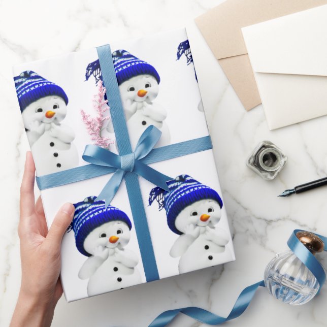 Cartoon Snowman in Blue & White Wool Hat Wrapping  Paper (Gifting)