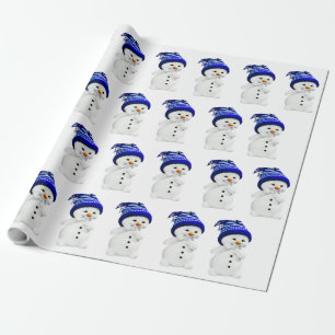 Cartoon Snowman in Blue & White Wool Hat Wrapping  Paper
