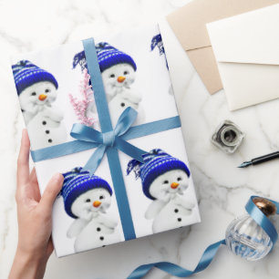 Cartoon Snowman in Blue & White Wool Hat Wrapping Wrapping Paper