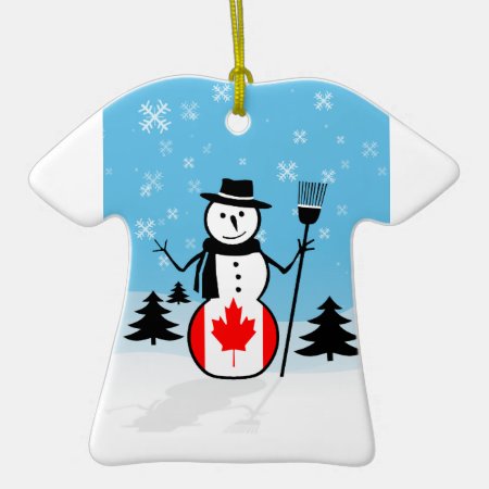 Cartoon Snowman In Field Of Snow And Canada Flag Ceramic Ornament
