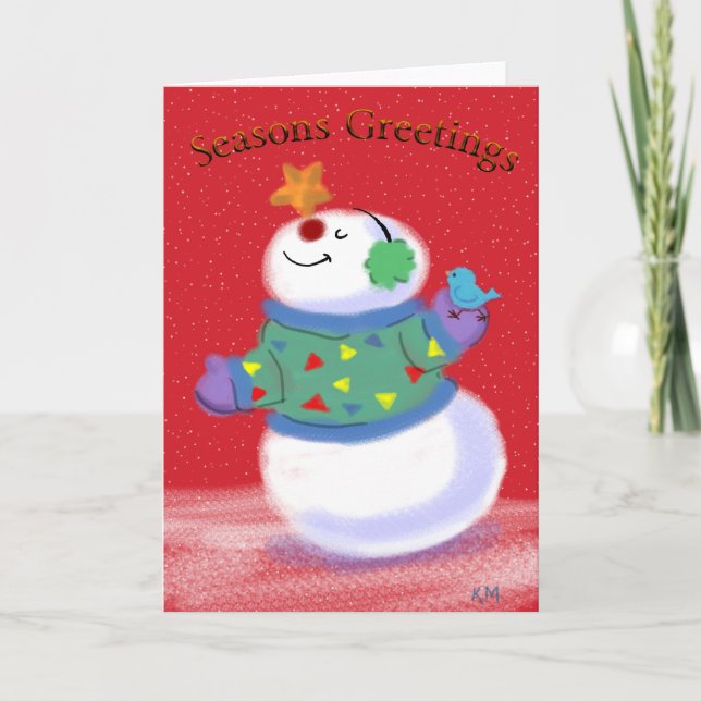 Cartoon Snowman Star Blue Bird Holiday Card (Front)
