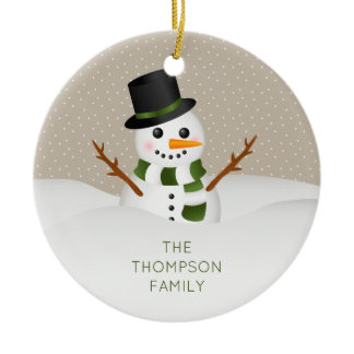 Cartoon Snowman With Personalizable Name Christmas Ceramic Ornament