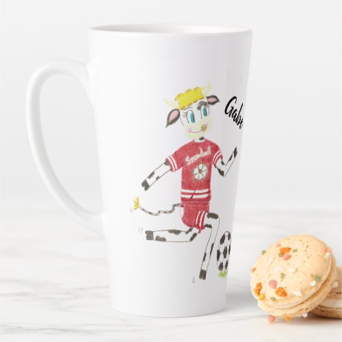 Cartoon Soccer Cow with Name Latte Mug