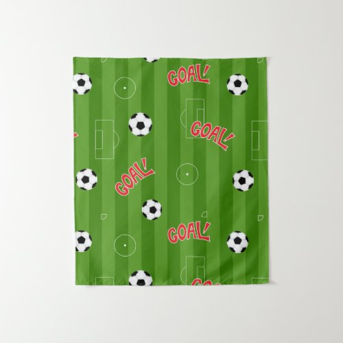 Cartoon Soccer Pitch Goals and Footballs Tapestry
