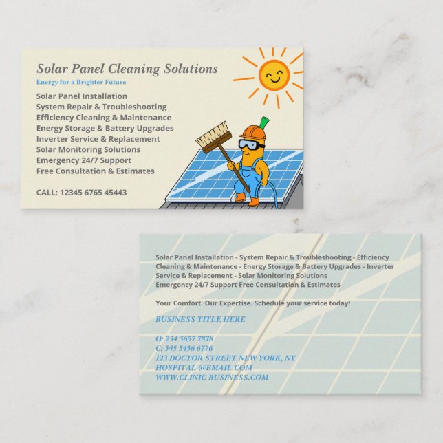 Cartoon Solar Panel Cleaning Services Business Card (Front/Back)