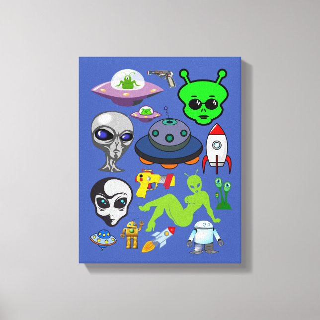 Cartoon Space Aliens Grays UFO Art Collage sheet Canvas Print (Front)