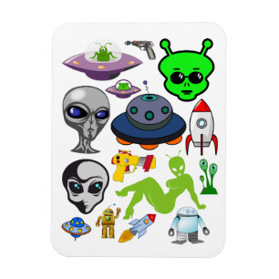 Cartoon Space Aliens Grays UFO Art Collage sheet  Magnet