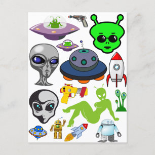 Cartoon Space Aliens Grays UFO Art Collage sheet Postcard