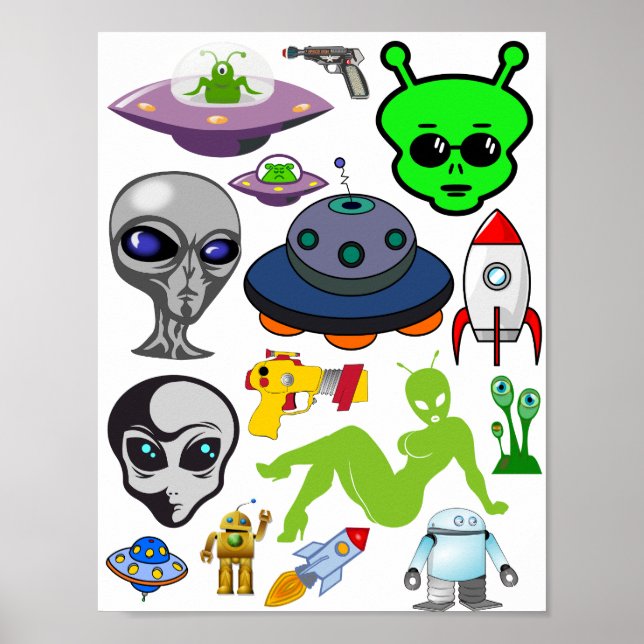 Cartoon Space Aliens Grays UFO Art Collage sheet Poster (Front)