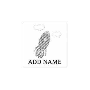 Cartoon Space Rocket Custom Name Rubber Stamp