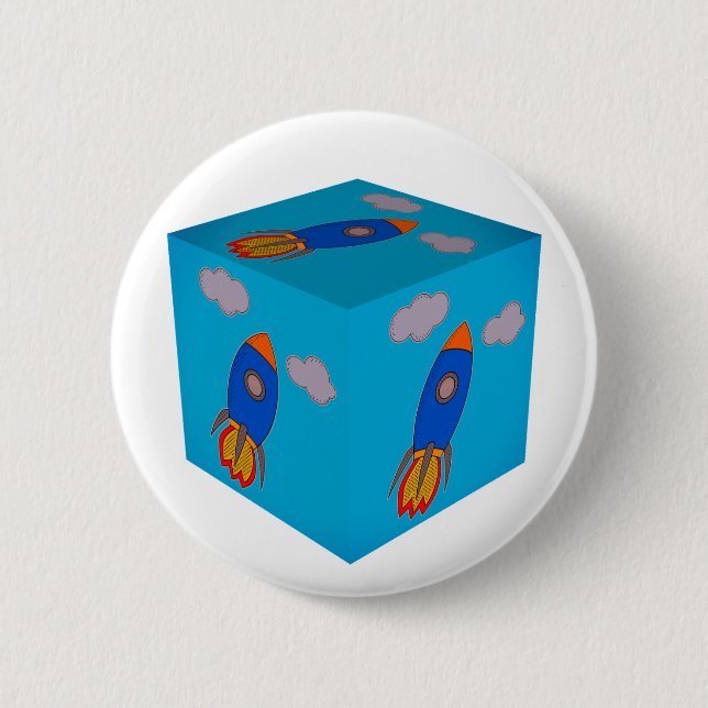 Cartoon Space Rocket Flying And Blue Sky Cube Button (Front)