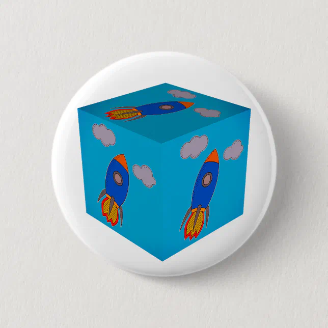 Cartoon Space Rocket Flying And Blue Sky Cube Button | Zazzle