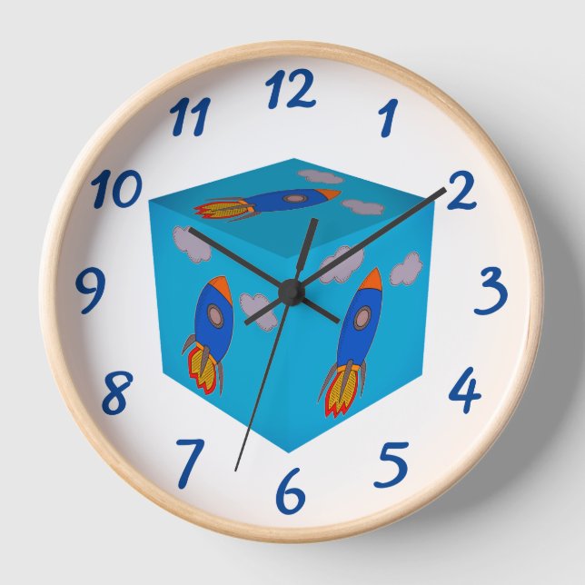 Cartoon Space Rocket Flying And Blue Sky Cube Clock (Front)