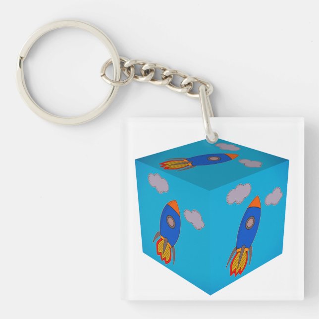 Cartoon Space Rocket Flying And Blue Sky Cube Keychain (Front)