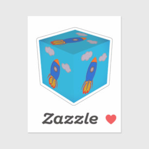 Cartoon Space Rocket Flying And Blue Sky Cube Sticker