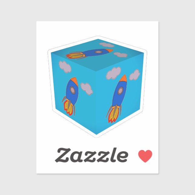 Cartoon Space Rocket Flying And Blue Sky Cube Sticker (Sheet)