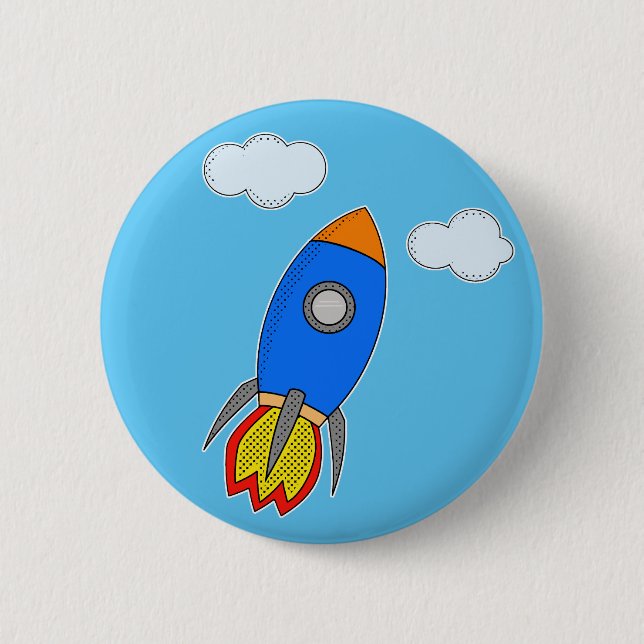 Cartoon Space Rocket In Blue Sky Button (Front)