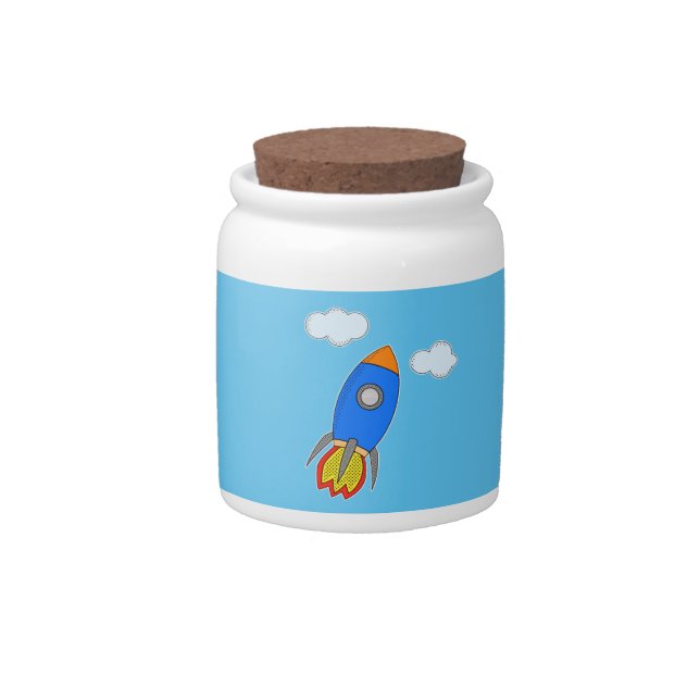 Cartoon Space Rocket In Blue Sky Candy Jar (Front)