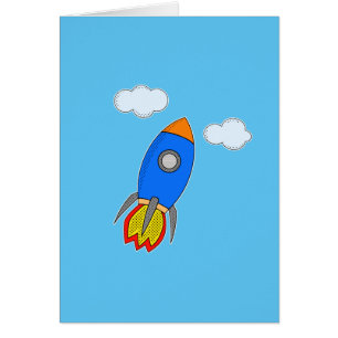 Cartoon Space Rocket In Blue Sky Cards
