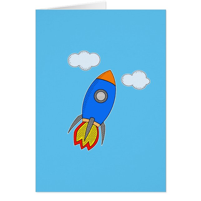 Cartoon Space Rocket In Blue Sky Cards (Front)