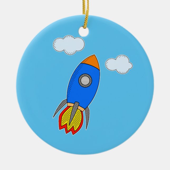 Cartoon Space Rocket In Blue Sky Ceramic Ornament (Front)