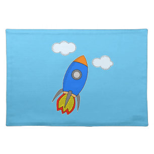 Cartoon Space Rocket In Blue Sky Cloth Placemat