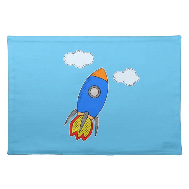 Cartoon Space Rocket In Blue Sky Cloth Placemat (Front)