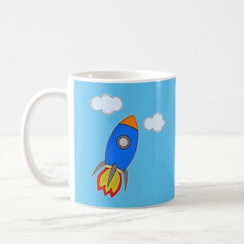 Cartoon Space Rocket In Blue Sky Coffee Mug