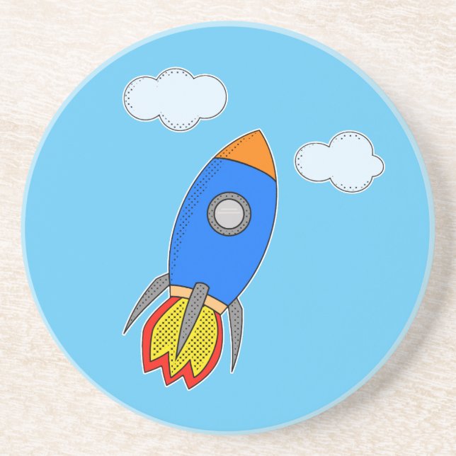 Cartoon Space Rocket In Blue Sky Drink Coaster (Front)
