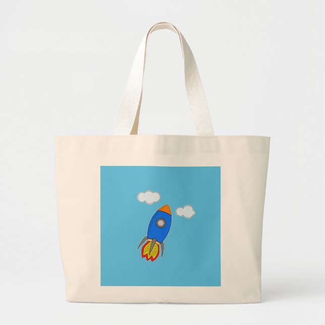 Cartoon Space Rocket In Blue Sky Large Tote Bag (Front)