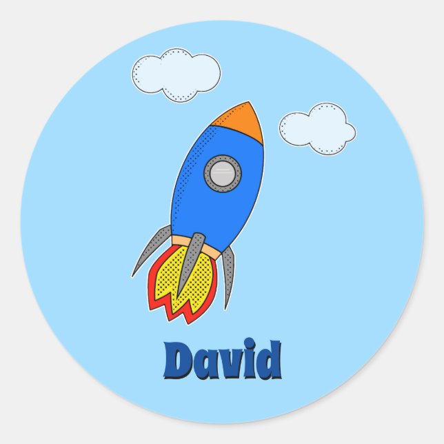 Cartoon Space Rocket In Blue Sky Nursery Decor Classic Round Sticker (Front)