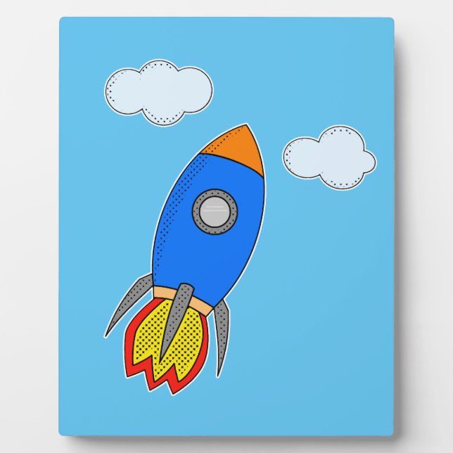 Cartoon Space Rocket In Blue Sky Plaque (Front)