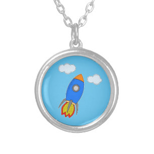 Cartoon Space Rocket In Blue Sky Silver Plated Necklace
