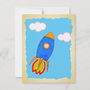 Cartoon Space Rocket In Blue Sky Torn Paper  Invitation